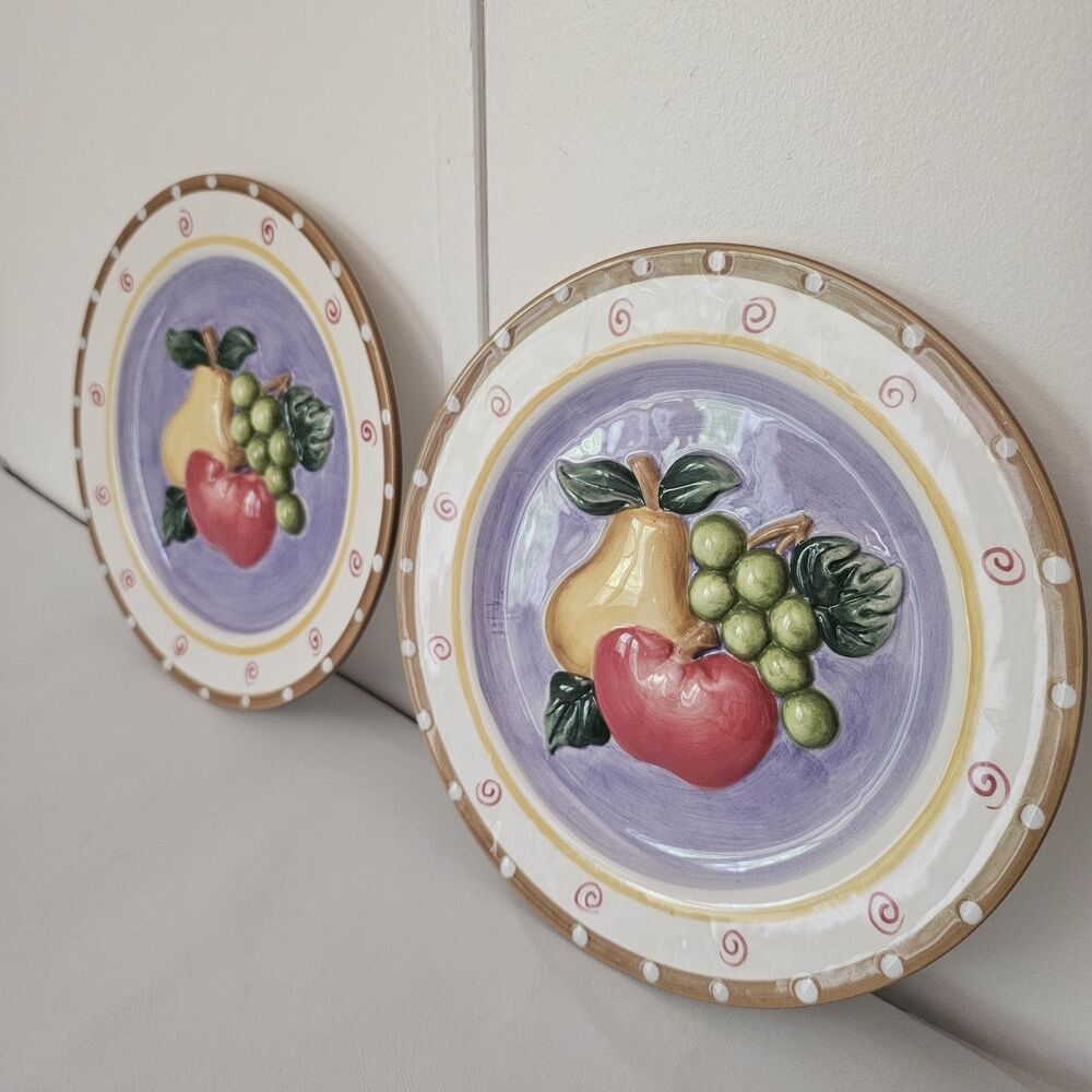Set of 2 Vintage CBK Ltd 2002 Hand Painted Ceramic Plates 10" Fruit 3D Decor